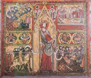 Utsnitt fra antemensale (alterforstykke), trolig fra Haltdalen stavkirke (ca 1320), som viser Olav den helliges helligkåring