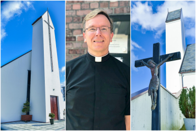 Kollasj av et fotografi av p. Pål Bratbak og to fotografier av St. Svithun kirke i Stavanger